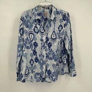 Chicos Womens No Iron Linen Button Up Top Size 2 US L Blue White Abstract